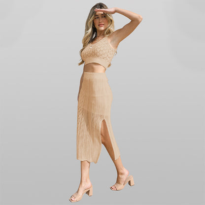 Summer new solid color rhombus striped two-piece sexy vest with slits and long skirt for women