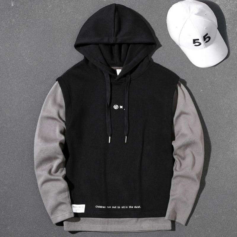 Handsome heavyweight gray fake two-piece 2023 spring, autumn and winter hooded large size top loose pullover long-sleeved sweatshirt for men